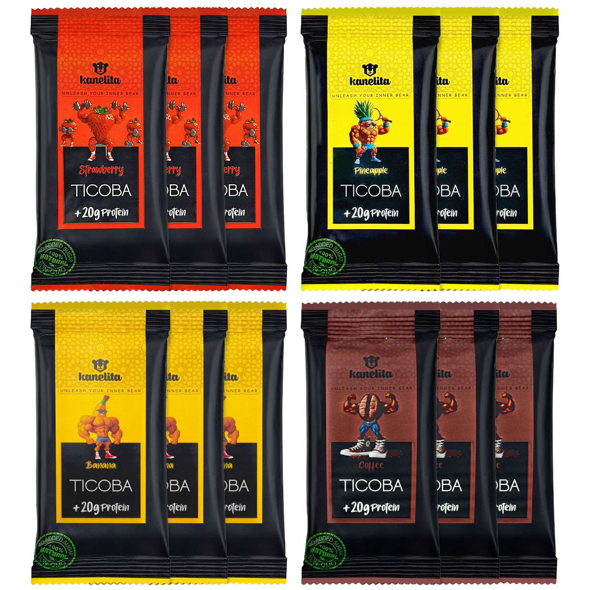 پروتئین بار موز و توت فرنگی و قهوه آناناس کنلیتا – 50 گرم بسته 12 عددی