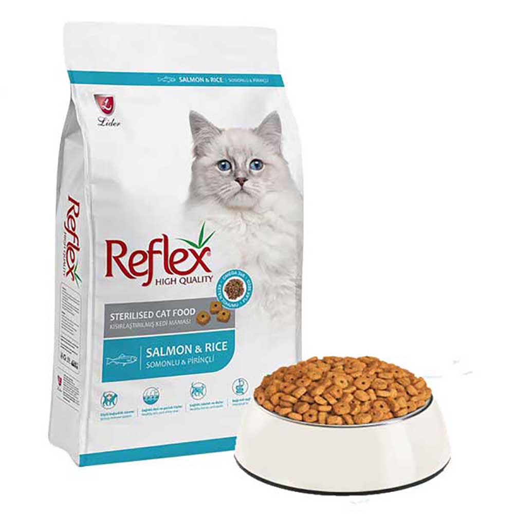 غذای خشک گربه (استرلایزد) با طعم ماهی سالمون و برنج رفلکس Reflex Salmon And Rice وزن 15 کیلوگرم