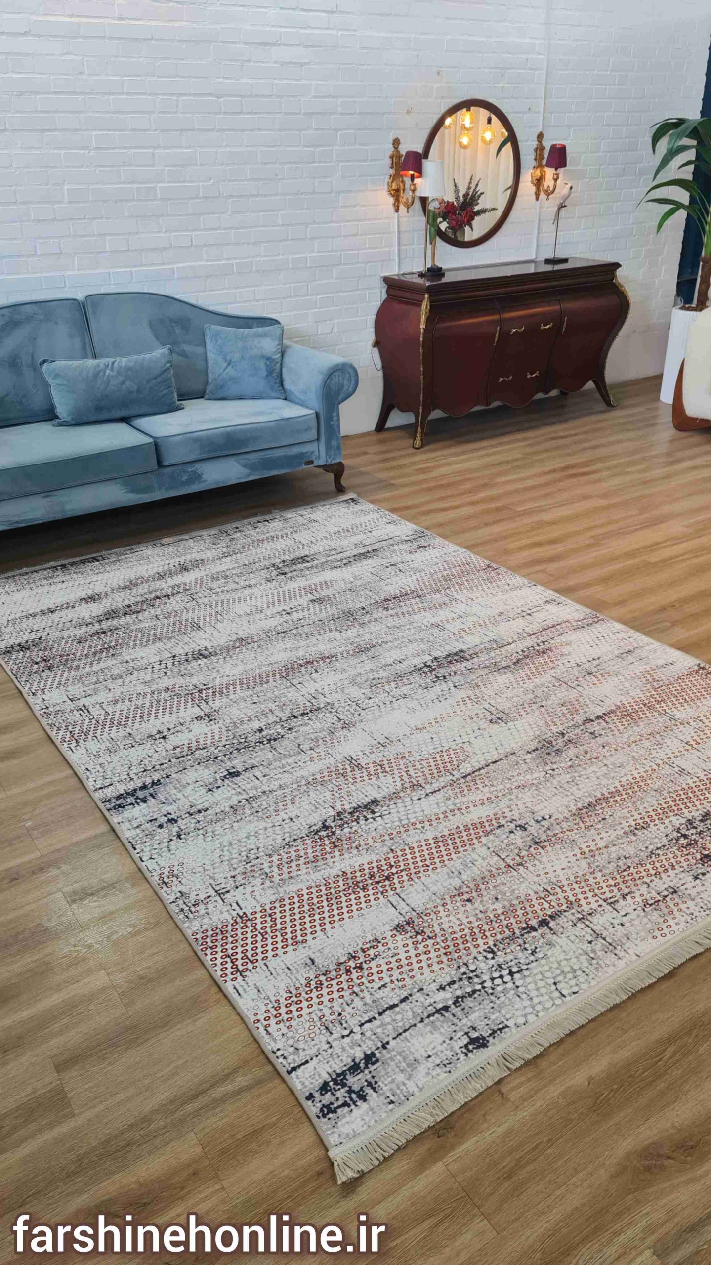 فرشینه مدرن طرح پتینه انتزاعی – زمینه کرم طوسی با جزئیات آجری — تصویر ۵