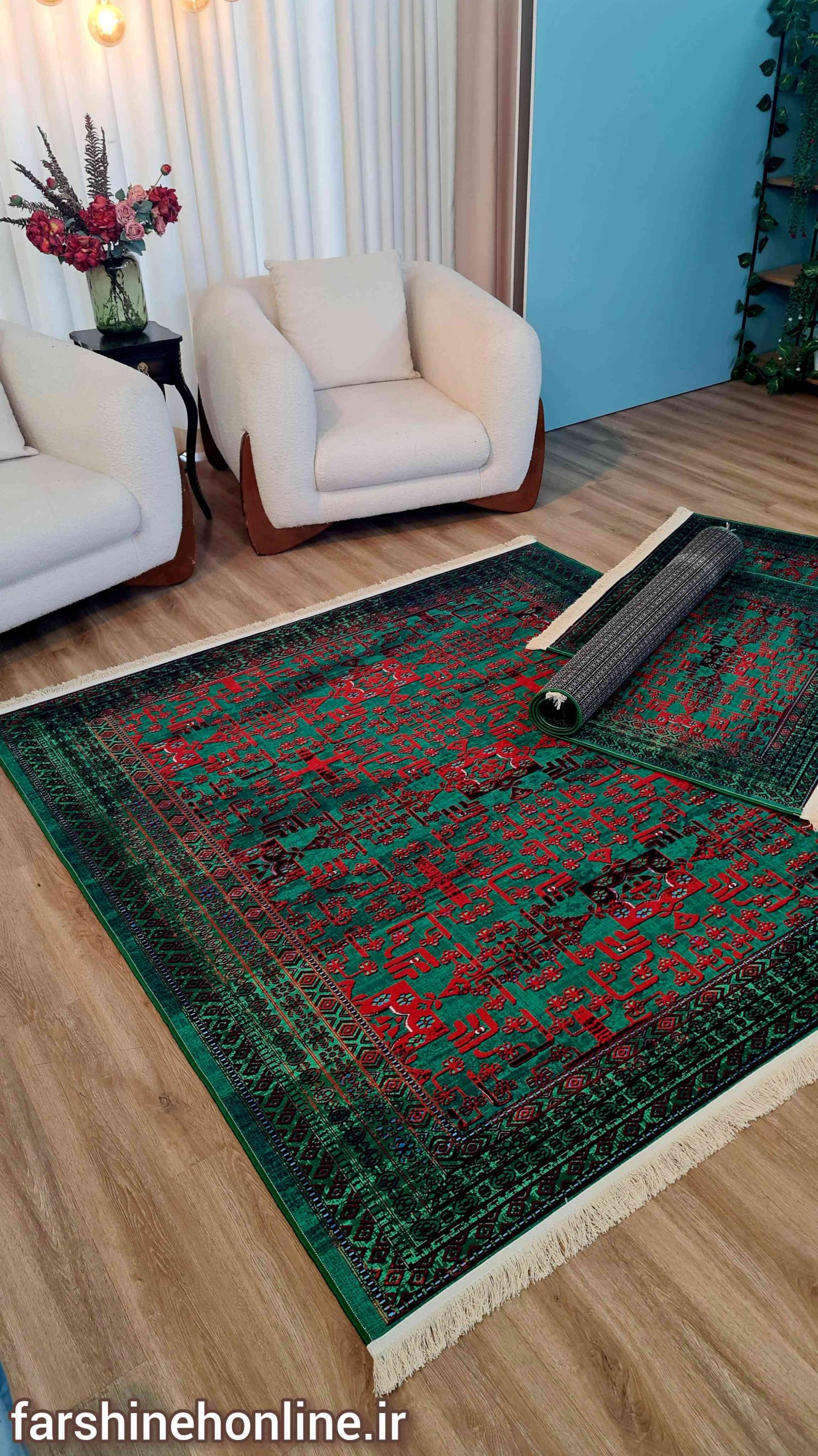 فرشینه طرح سنتی سبز و قرمز با نقش اصیل ایرانی — تصویر ۲