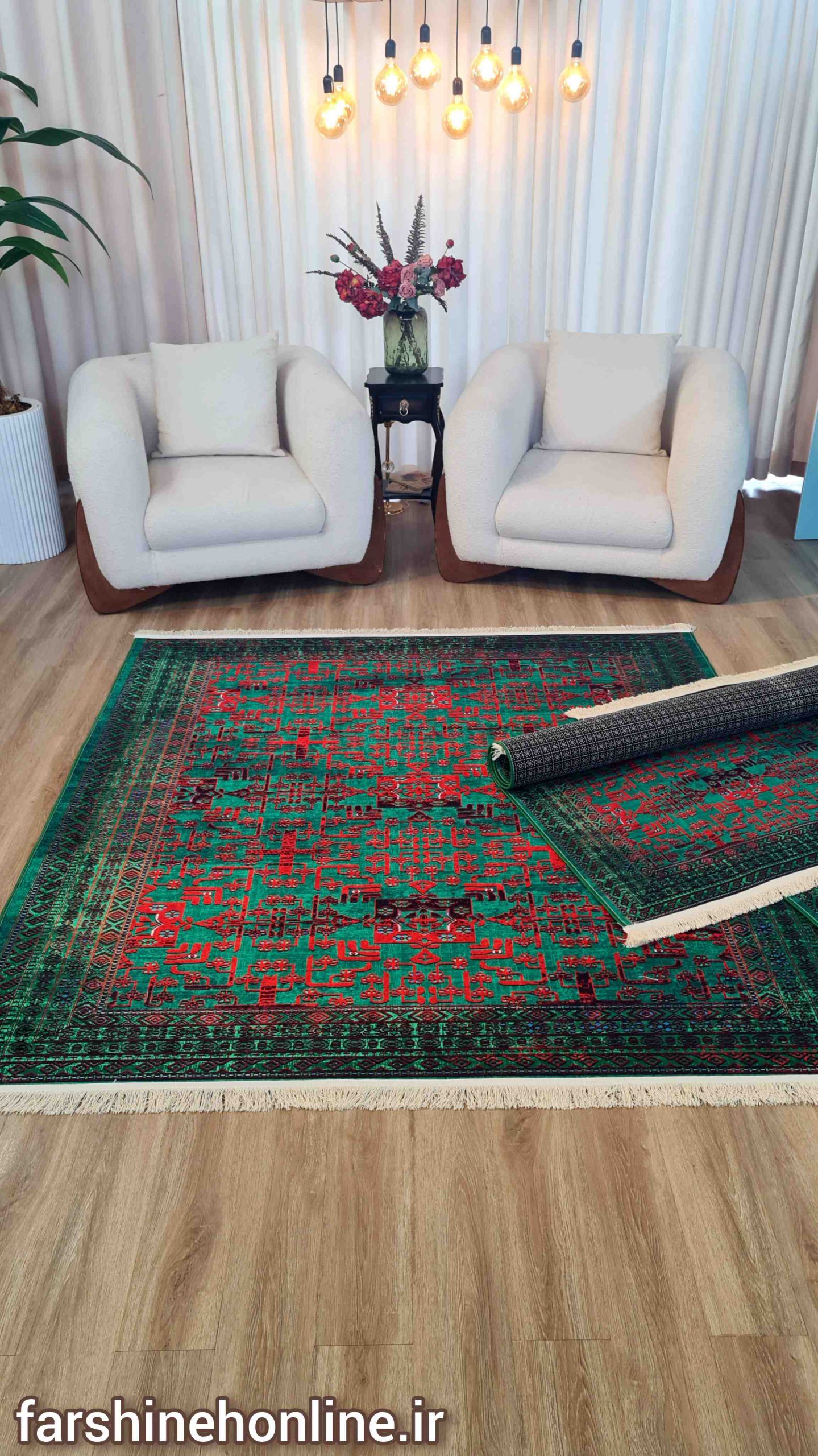فرشینه طرح سنتی سبز و قرمز با نقش اصیل ایرانی — تصویر ۶