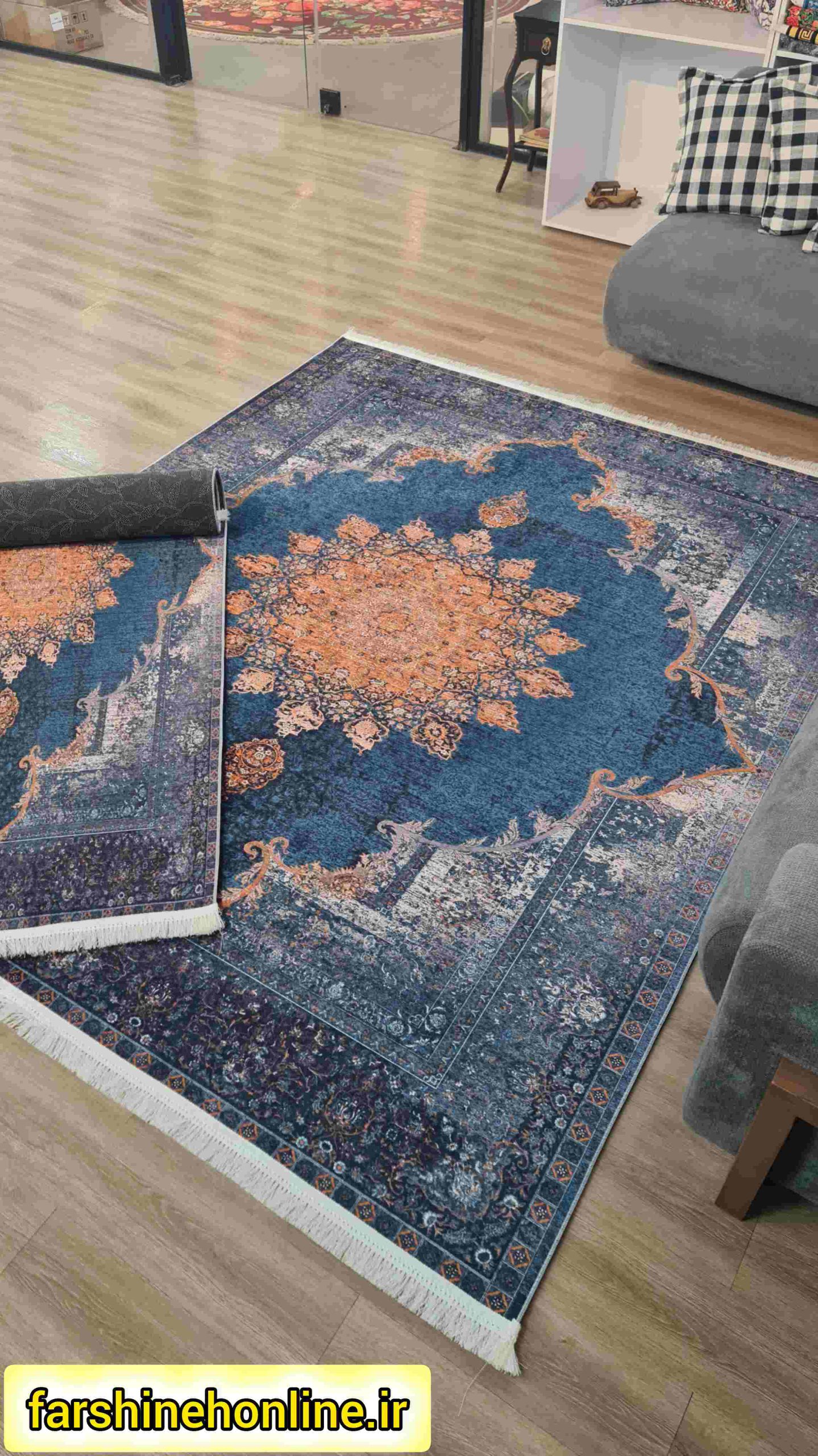 فرشینه مدرن مدل ترنج‌دار سرمه‌ای | مناسب پذیرایی و اتاق خواب — تصویر ۴