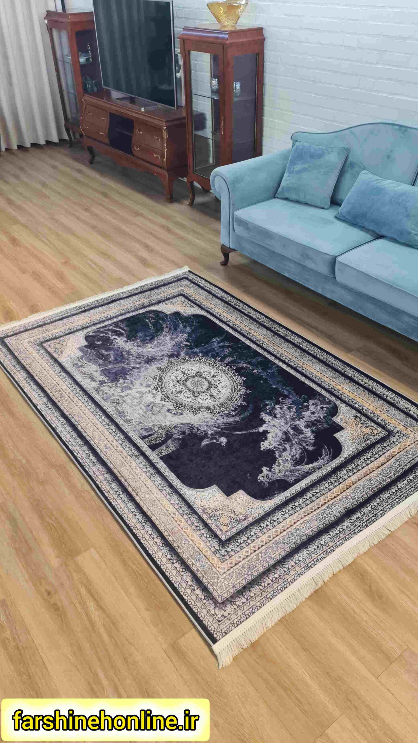 فرشینه مدرن طرح ابروبادی مدالیون – رنگ سرمه‌ای — تصویر ۳