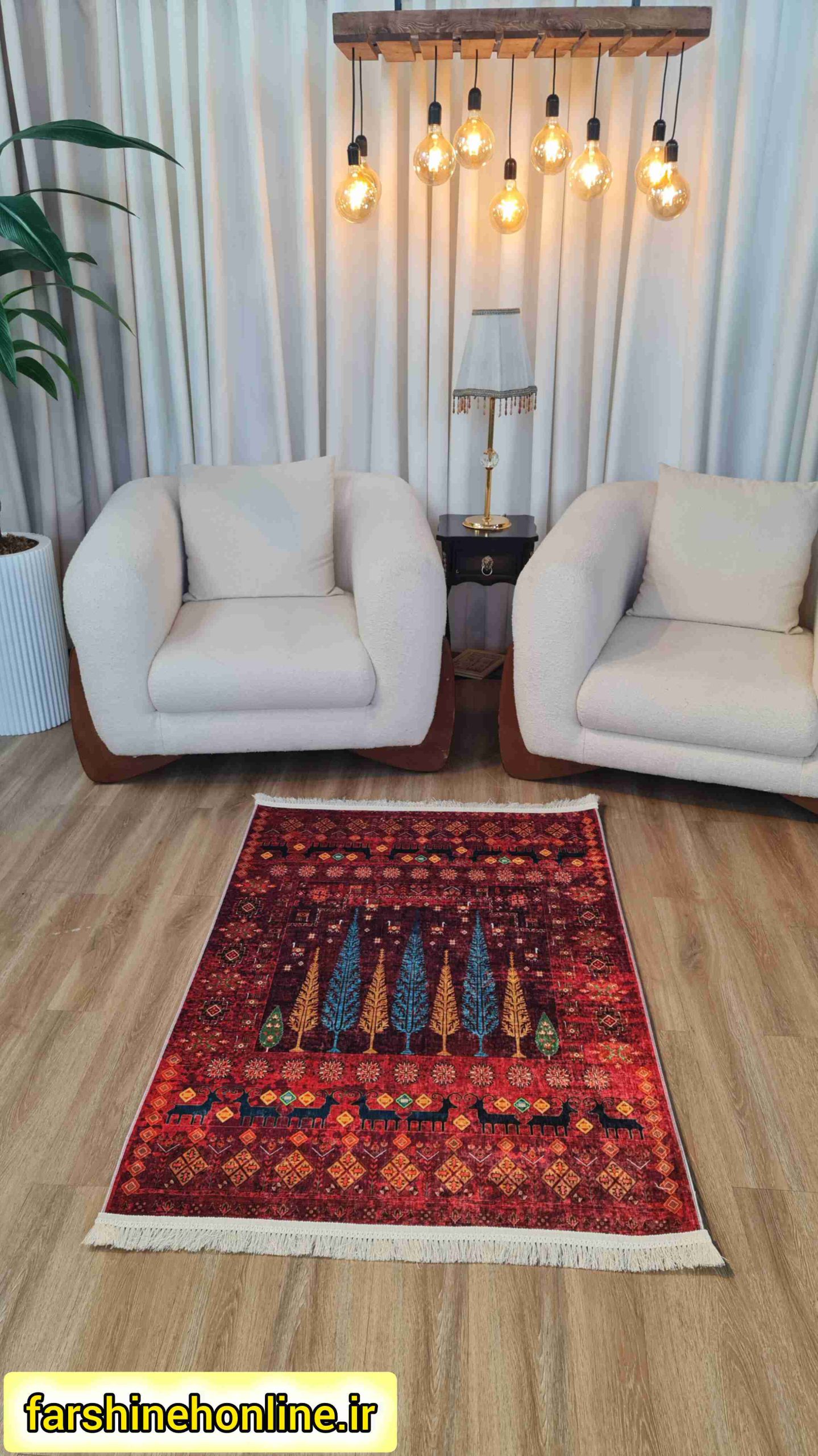 فرشینه مدرن طرح گبه نقش درختی و گوزن رنگ قرمز لاکی — تصویر ۲