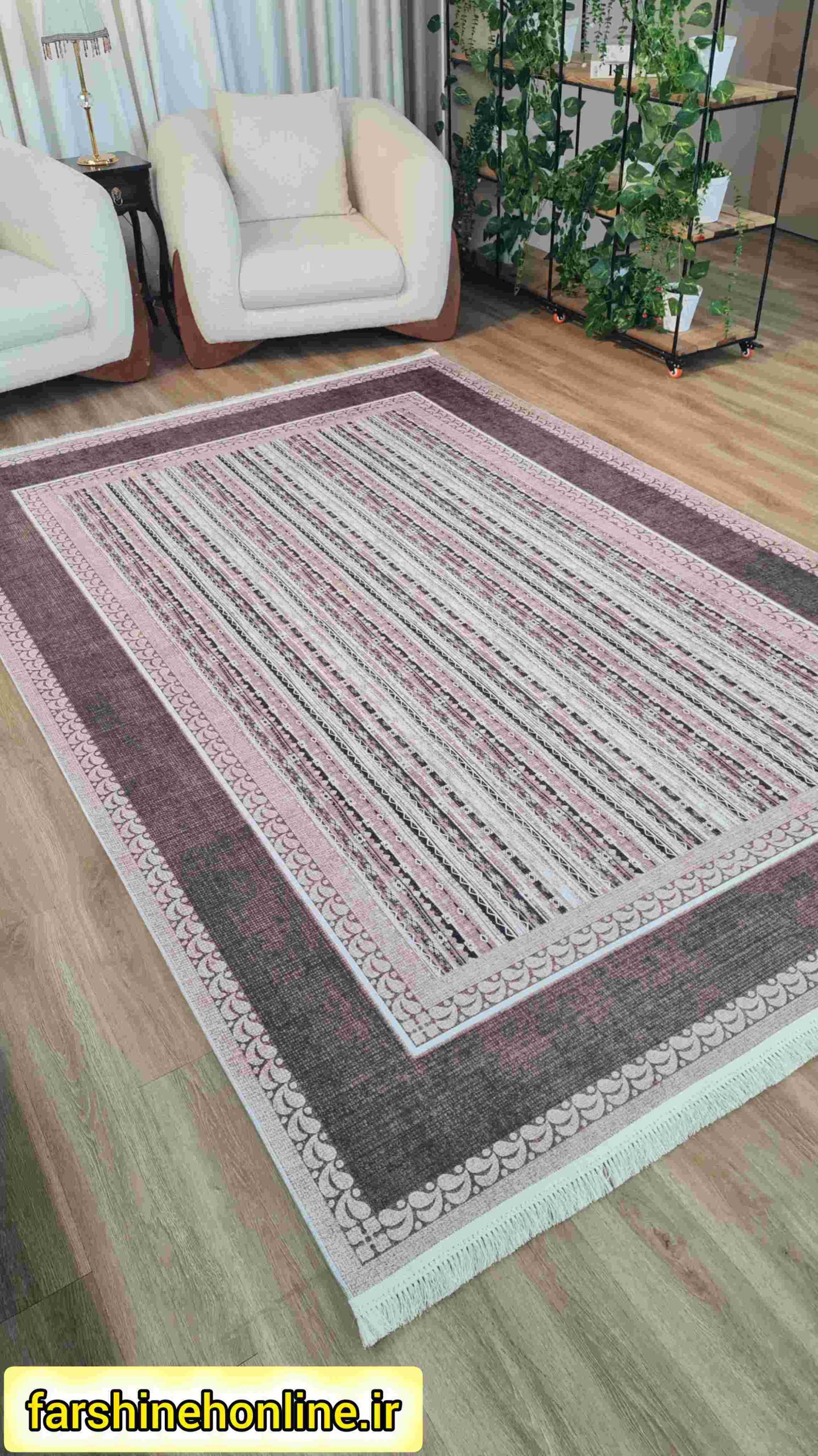 فرشینه مدرن طرح خطی رنگ کالباسی و طوسی — تصویر ۳