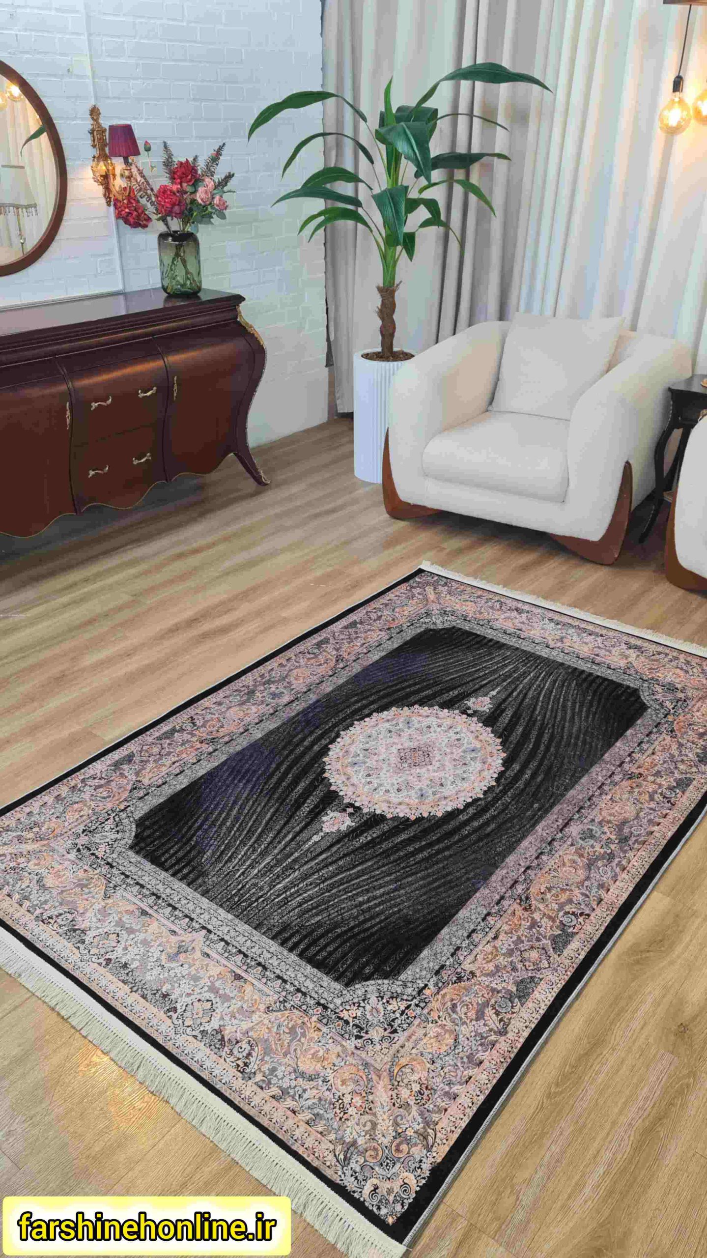 فرشینه مدرن طرح ترنج‌دار زمینه مشکی؛ ترکیبی از اصالت و زیبایی — تصویر ۴