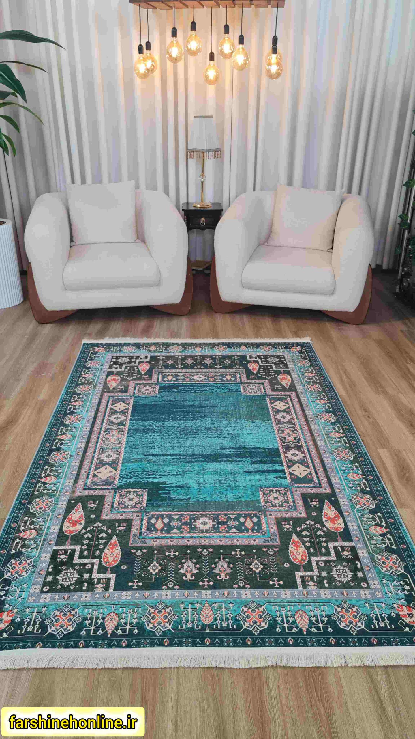 فرشینه مدرن مدل اسلیمی با حاشیه سرمه‌ای و سبز — تصویر ۲