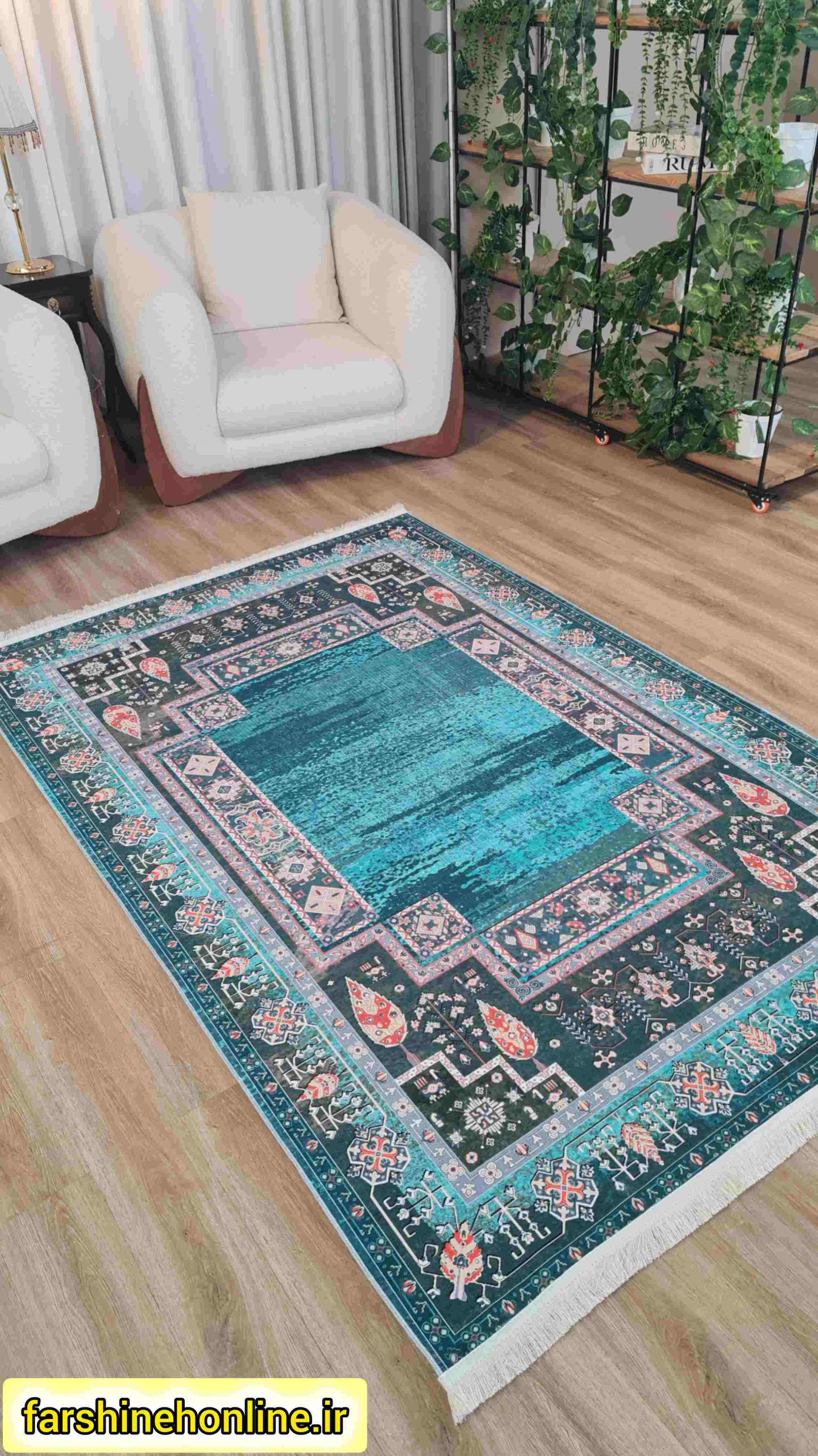 فرشینه مدرن مدل اسلیمی با حاشیه سرمه‌ای و سبز — تصویر ۳