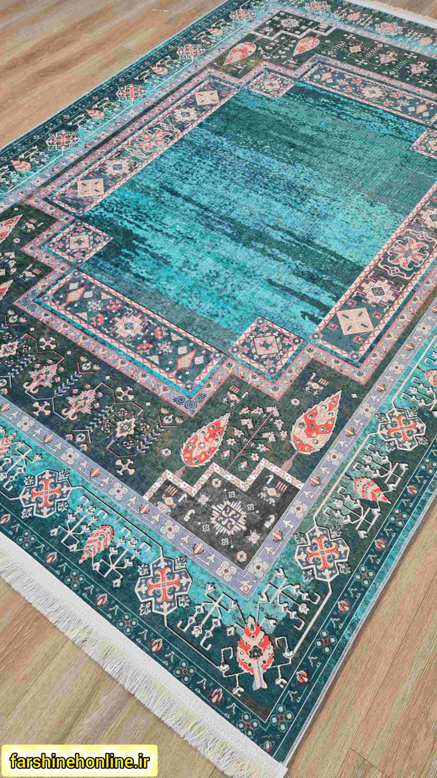فرشینه مدرن مدل اسلیمی با حاشیه سرمه‌ای و سبز — تصویر ۵