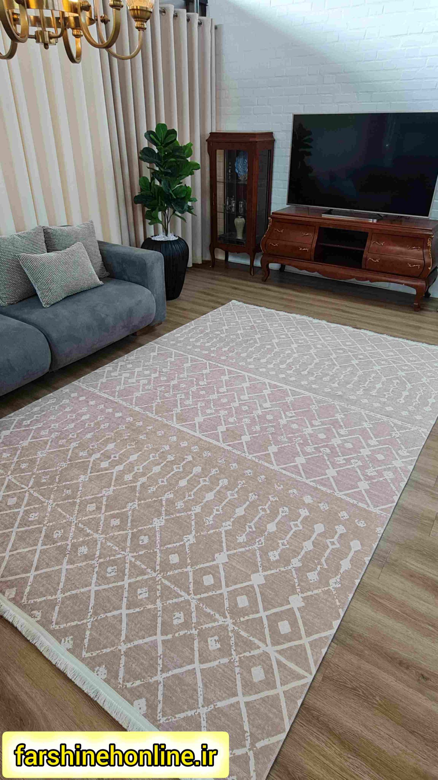 فرشینه مدرن طرح هندسی لوزی رنگ طوسی صورتی — تصویر ۲