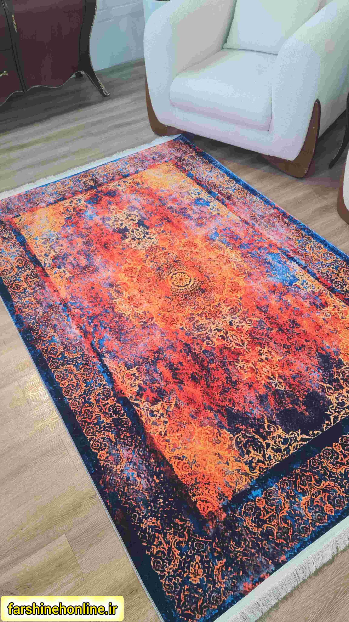 فرشینه مدرن طرح پتینه نارنجی آبی — تصویر ۳