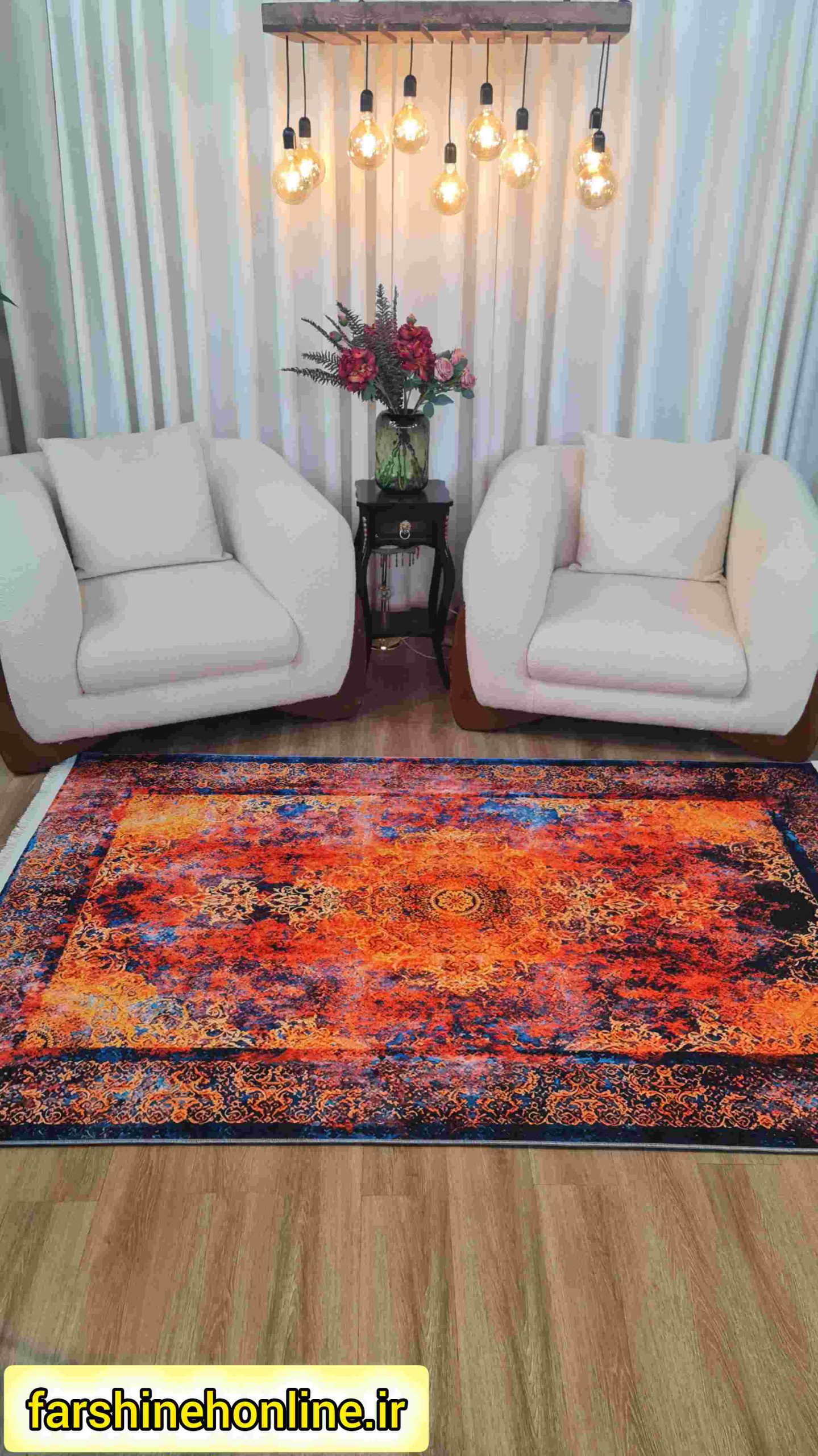 فرشینه مدرن طرح پتینه نارنجی آبی — تصویر ۴