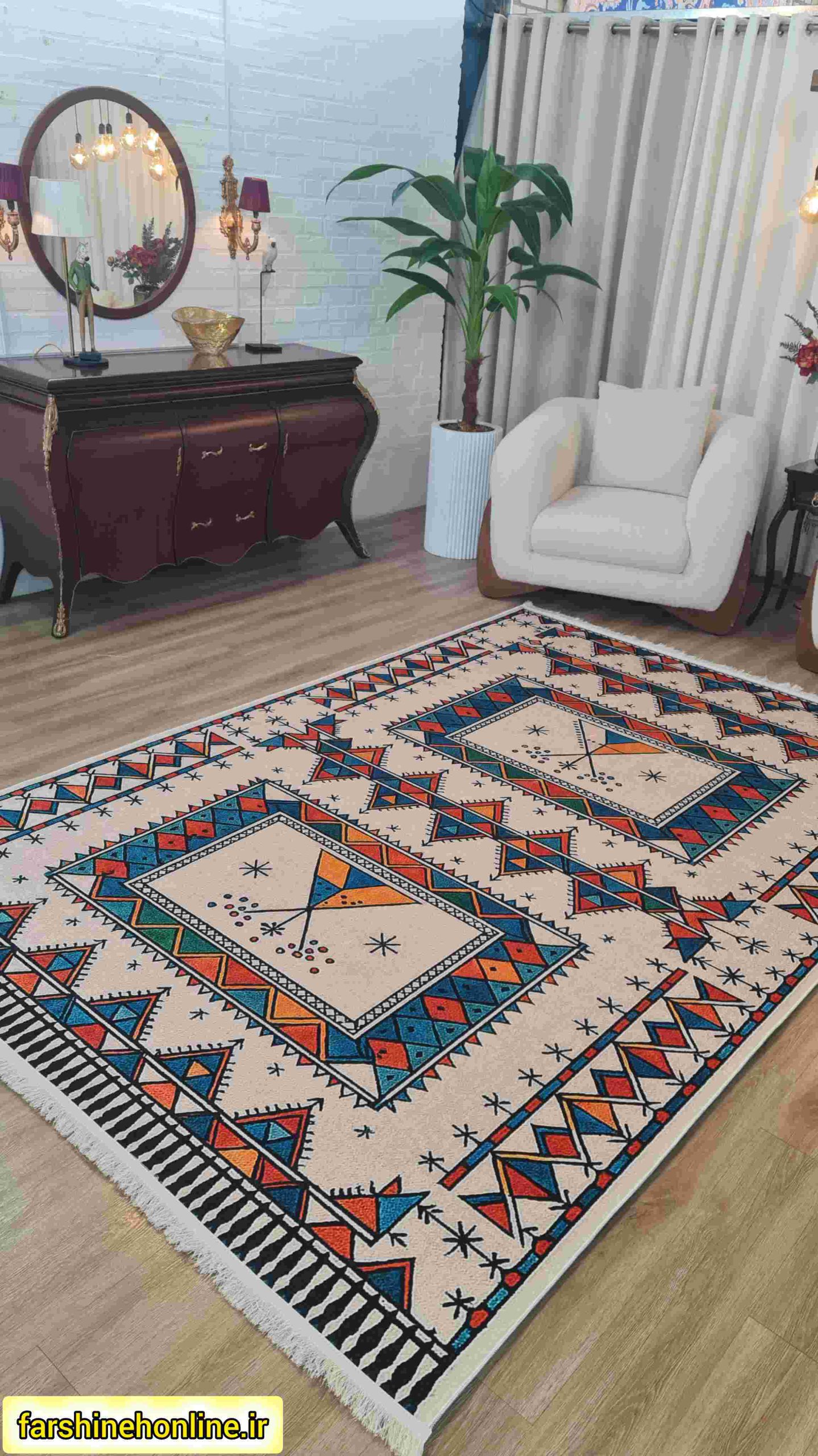 فرشینه طرح گلیم جاجیم مدرن بوهو | رنگارنگ و کرم – مناسب پذیرایی و اتاق خواب — تصویر ۳
