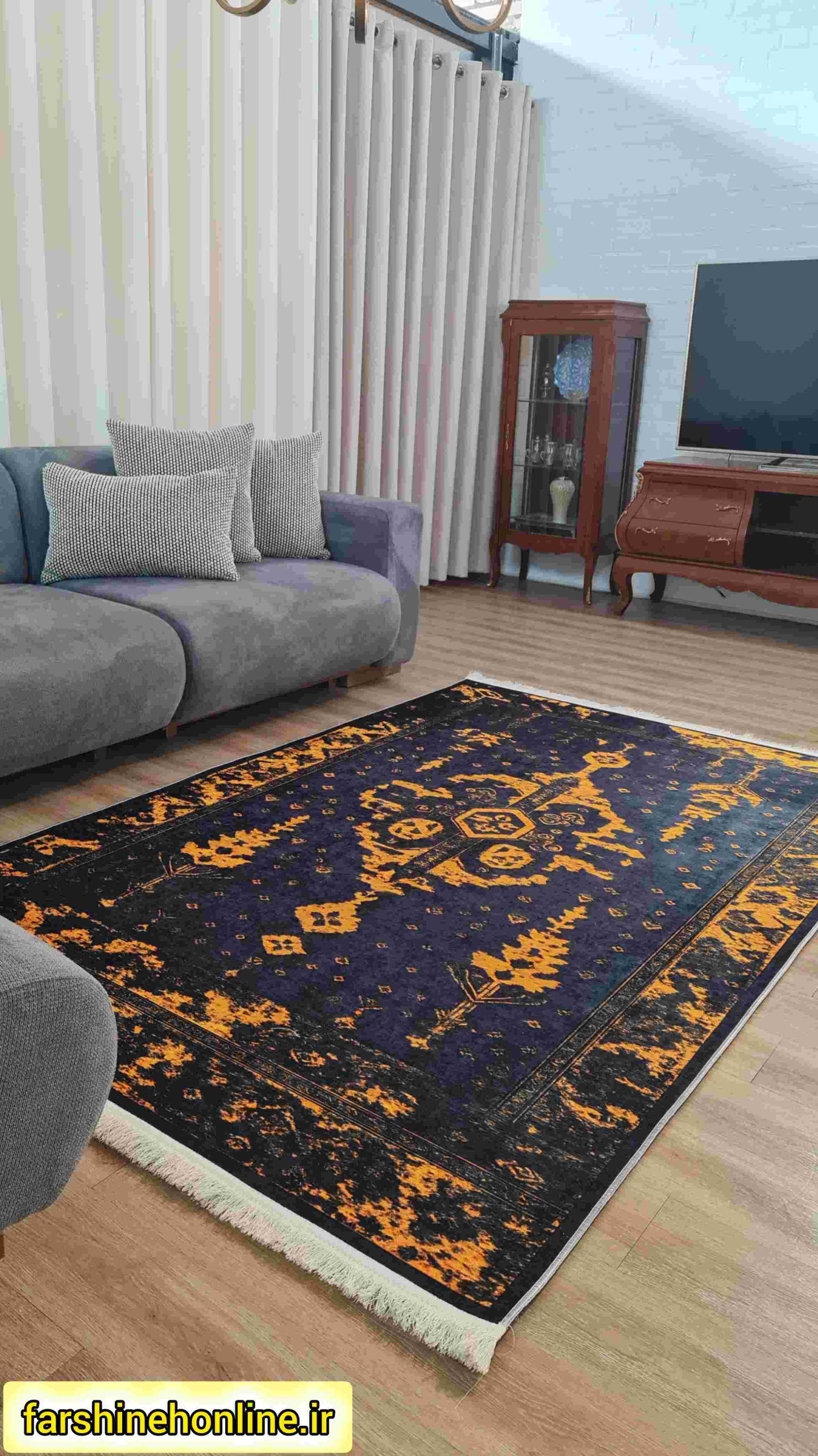 فرشینه مدرن طرح کلاسیک رنگ سرمه‌ای و طلایی — تصویر ۳