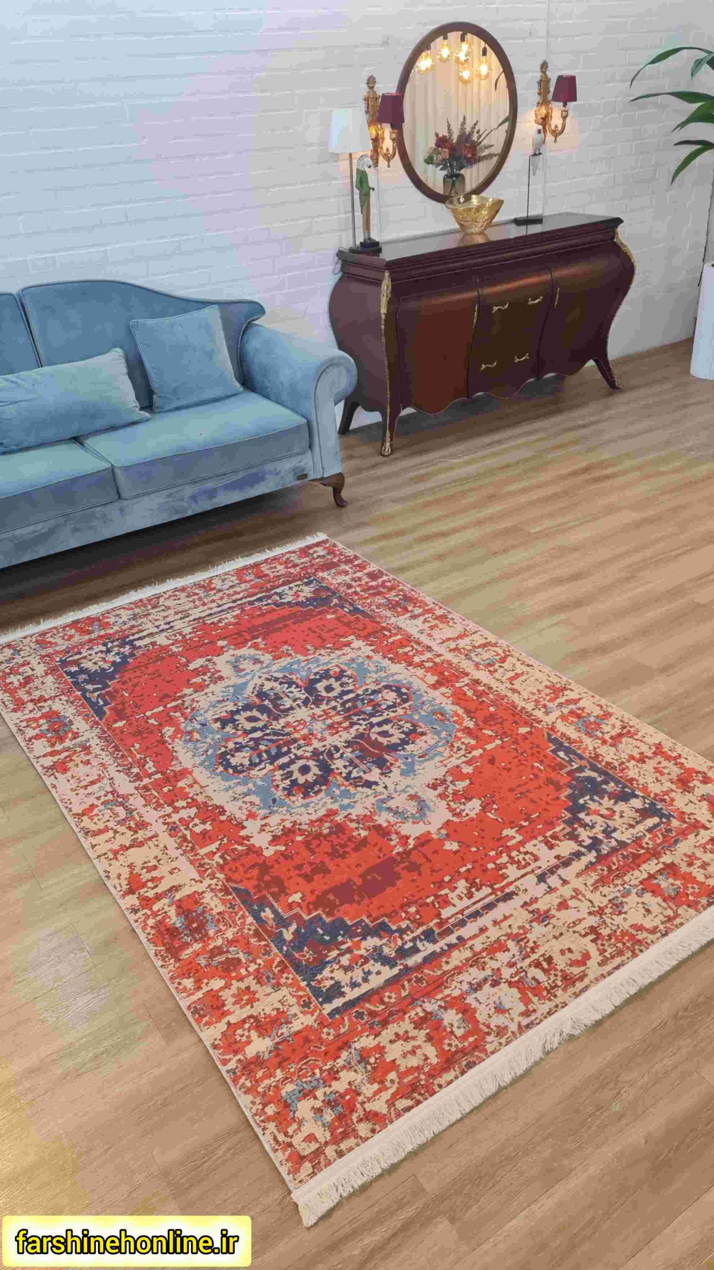 فرشینه طرح گلیم رنگ قرمز آبی — تصویر ۳