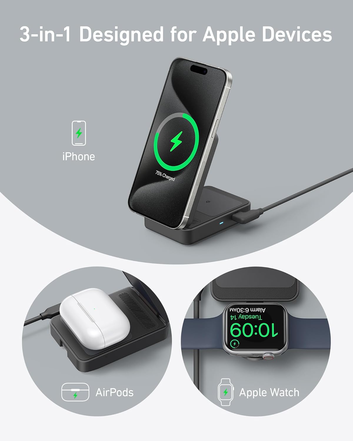 شارژر وایرلس سه‌کاره انکر Anker MagGo Wireless Charging Station Foldable 3-in-1 B2557 — تصویر ۶