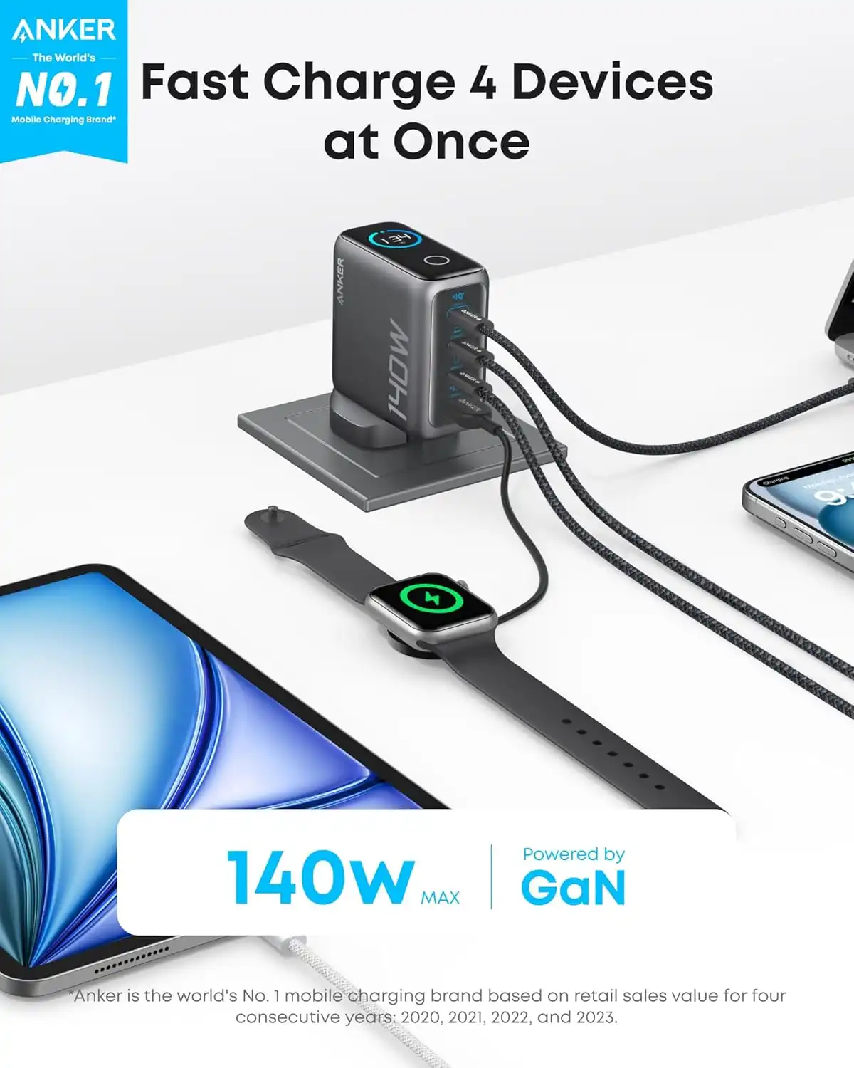 شارژر دیواری 140 وات انکر Anker Charger 140W with USB-C Cable B2697 UK پلاگ سه پین — تصویر ۴
