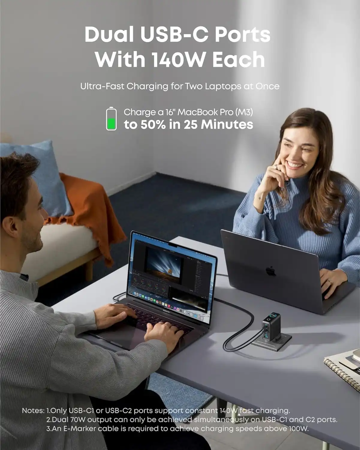 شارژر دیواری 140 وات انکر Anker Charger 140W with USB-C Cable B2697 UK پلاگ سه پین — تصویر ۷