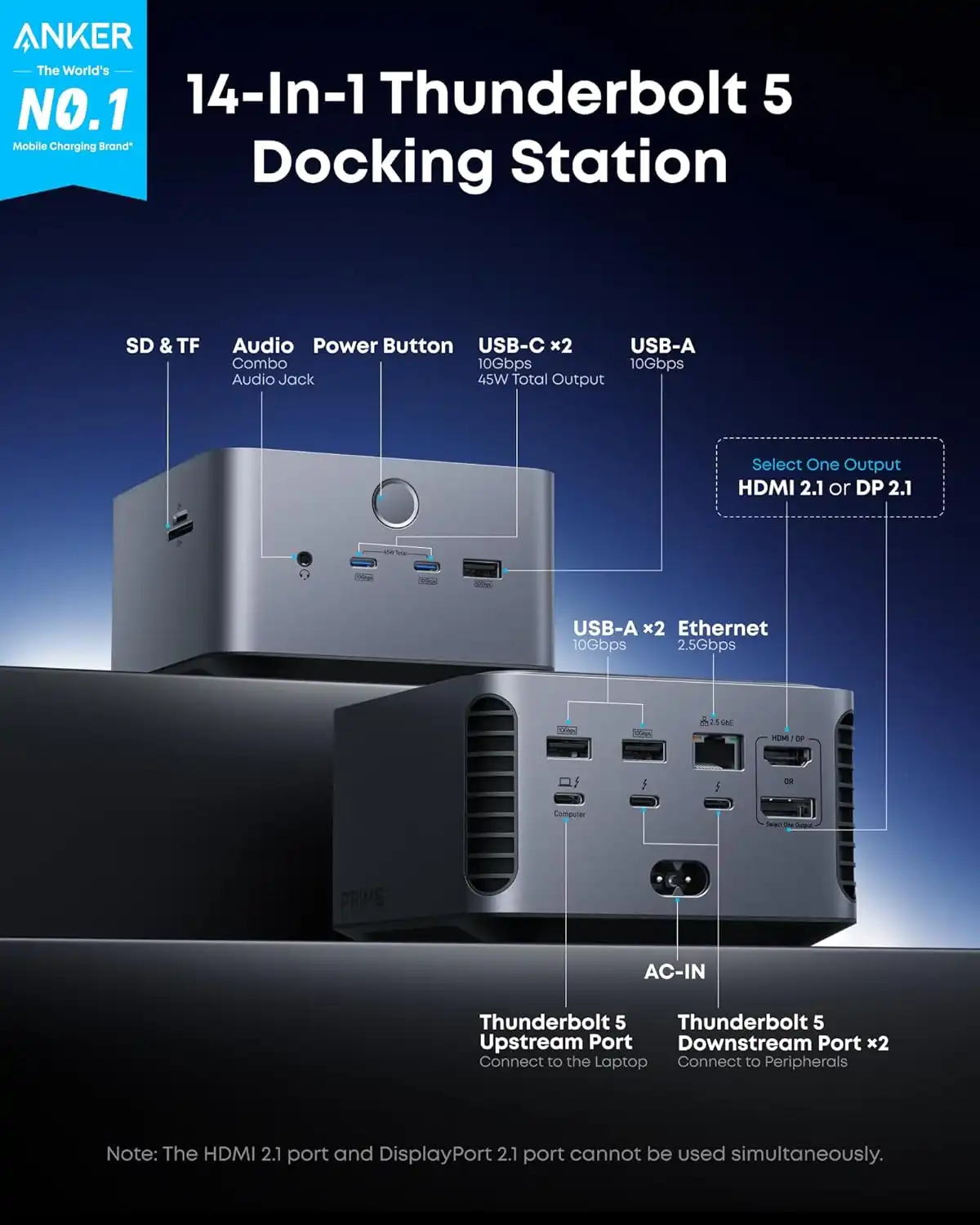 هاب تاندربولت 14 در 1 انکر Anker Prime TB5 Docking Station A83B5 — تصویر ۳