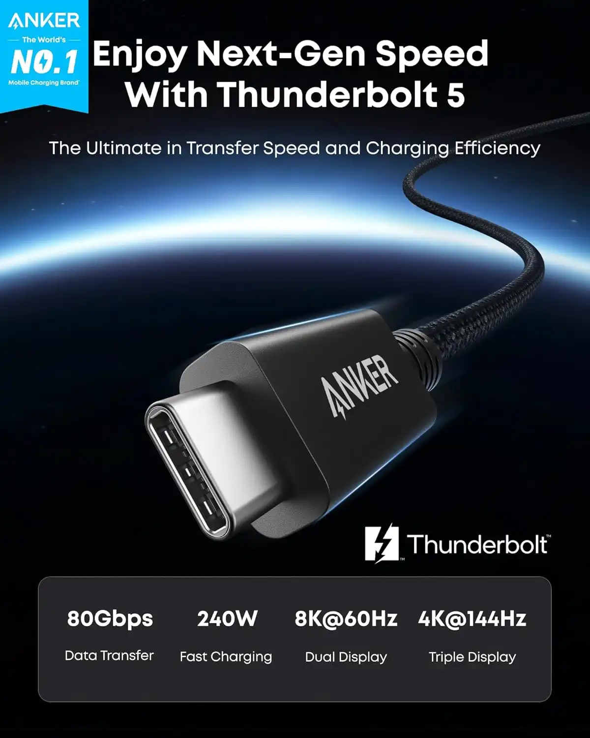 کابل تاندربولت 80 گیگابیت انکر Anker Prime Thunderbolt 5 Cable A84N1 — تصویر ۷