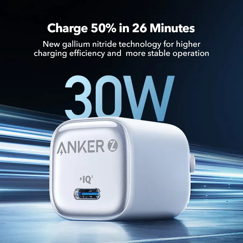 شارژر دیواری 30 وات انکر Anker Zolo GaN Compact Charger 30W A2698 US دوپین تاشو — تصویر ۴