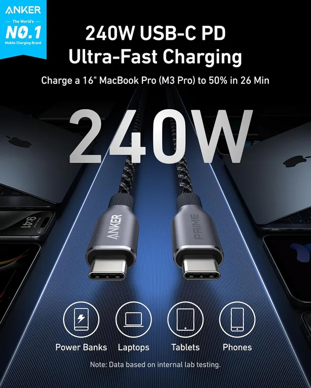 کابل شارژ 180 سانتی متر USB C به USB C انکر Anker Prime USB C to USB C Cable 240W A88E2612 — تصویر ۷