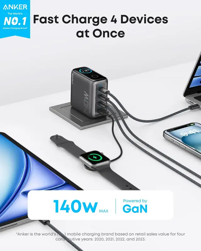 شارژر دیواری 140 وات انکر Anker Charger 140W with USB-C Cable B2697 EU نسخه گلوبال — تصویر ۳
