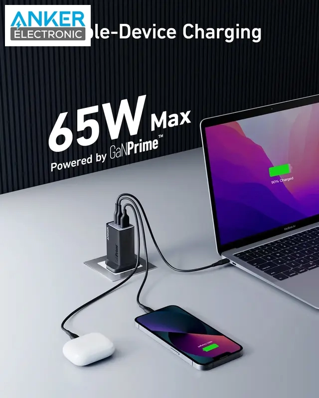 شارژر دیواری 65 وات انکر Anker 735 Charger GaNPrime 65W A2668 US + مبدل پریز هدیه — تصویر ۴