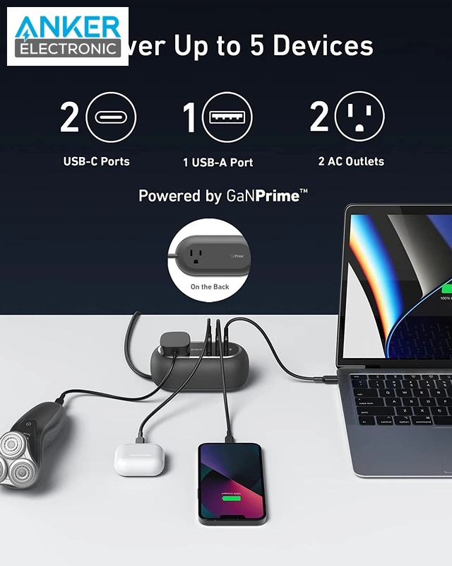 چندراهی برق 5 پورت انکر Anker 615 USB Power Strip GaNPrime 65W A9125 — تصویر ۳