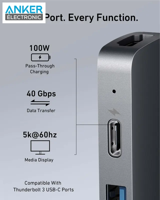 هاب دیتا تاندربولت 7 پورت انکر Anker 547 Thunderbolt 3 USB-C Hub 7-in-2 for MacBook A8371 — تصویر ۵