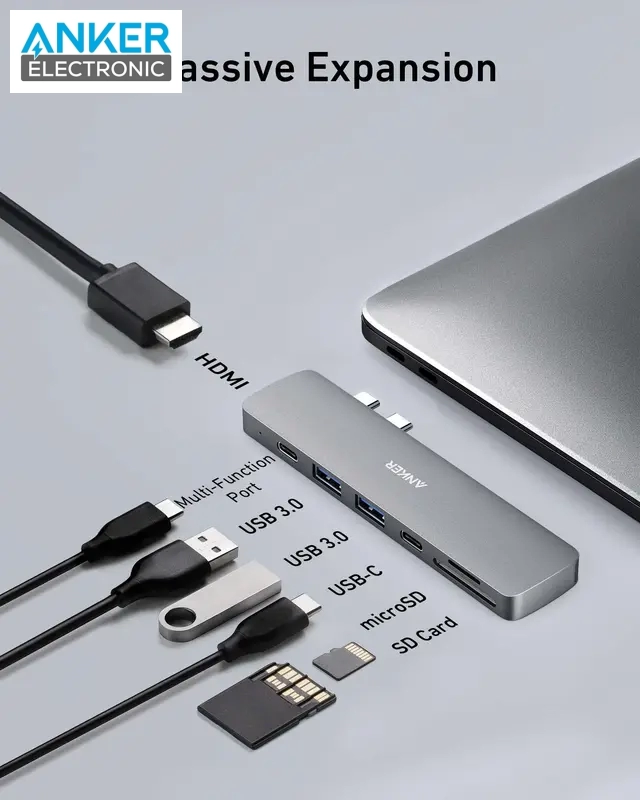 هاب دیتا تاندربولت 7 پورت انکر Anker 547 Thunderbolt 3 USB-C Hub 7-in-2 for MacBook A8371 — تصویر ۶