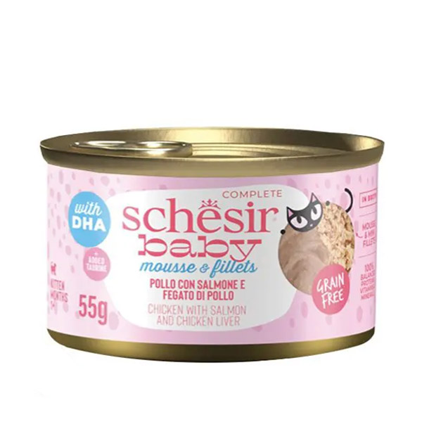 کنسرو کیتن میکس مرغ و سالمون و جگر شسیر – Schesir Baby Kitten Mix