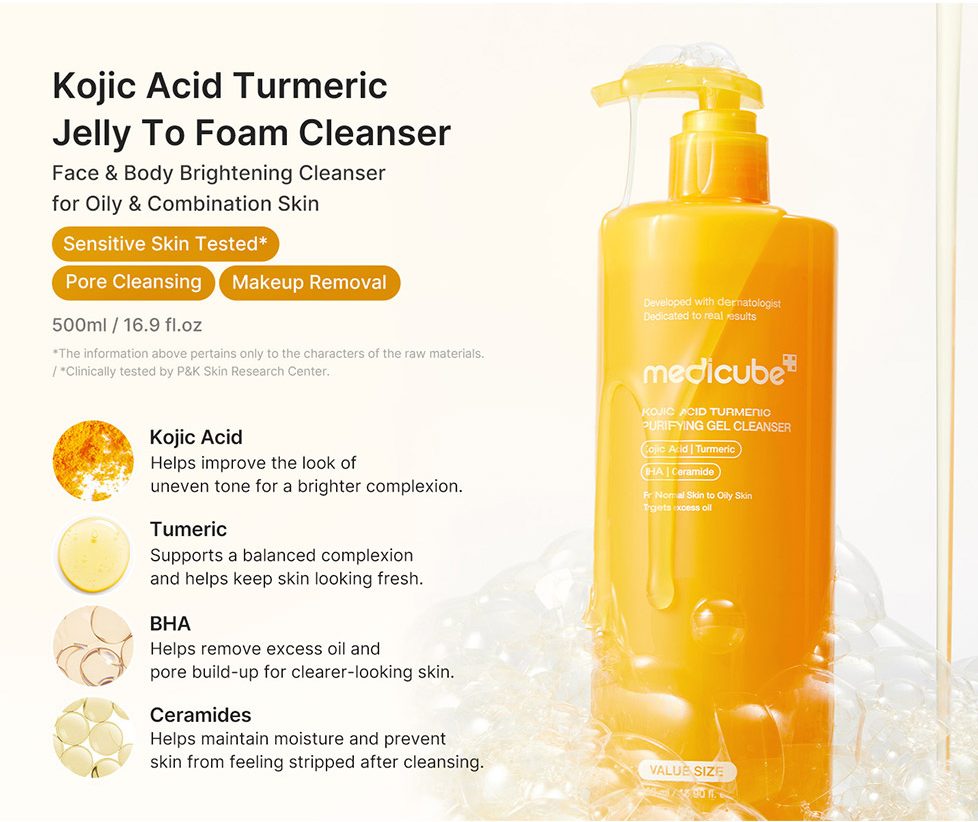 ژل شوینده روشن کننده صورت و بدن کوجیک اسید و زردچوبه مدی کیوب medicube Kojic Acid Turmeric Purifying Gel Cleanser — تصویر ۳