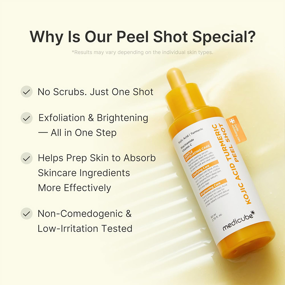 سرم پیل شات کوجیک اسید و زردچوبه مدی کیوب لایه بردار ملایم و روشن کننده قوی پوست medicube Kojic Acid Turmeric Peel Shot — تصویر ۶