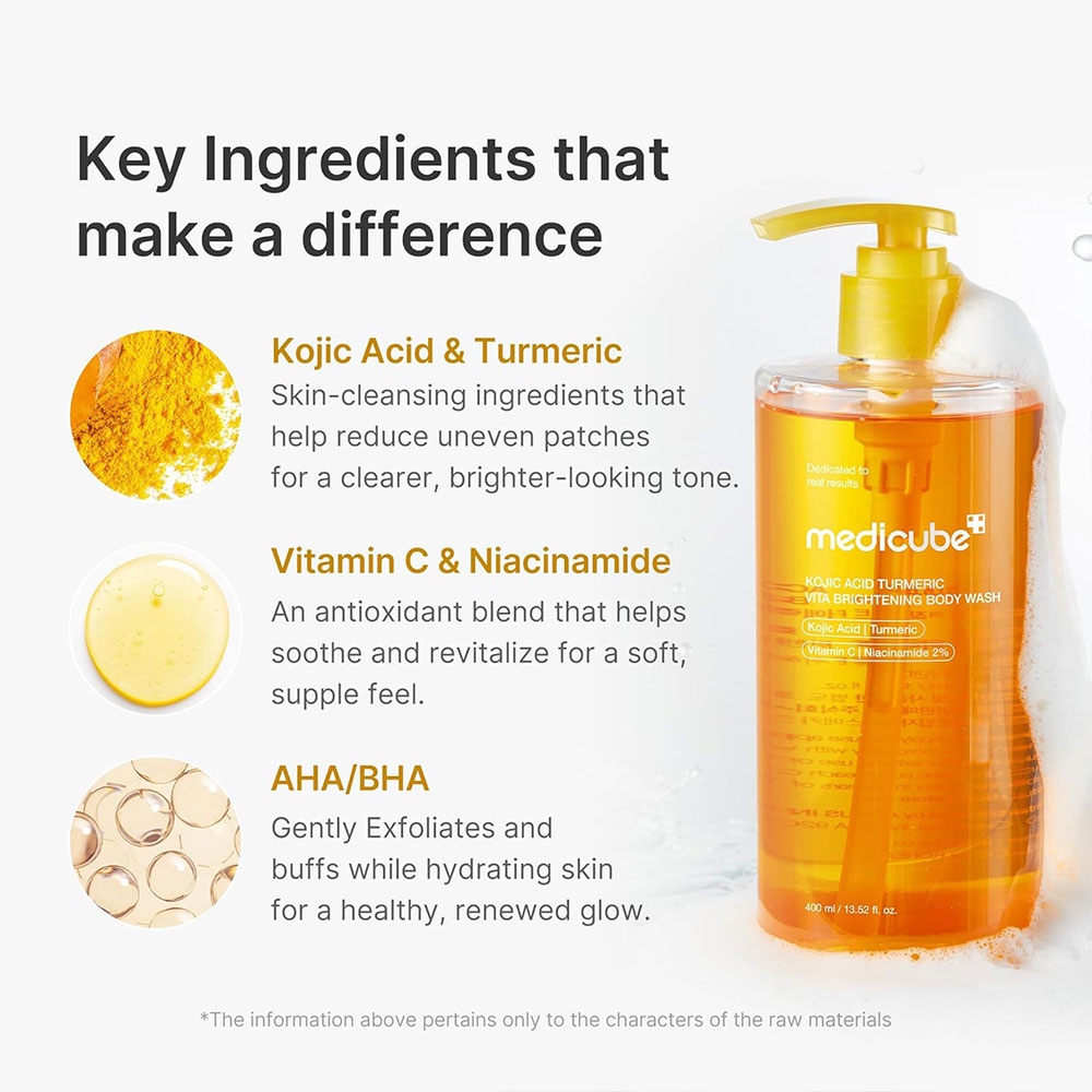 شوینده لایه بردار ملایم و روشن کننده بدن کوجیک اسید و زردچوبه مدی کیوب Medicube Kojic Acid Turmeric Brightening Body Wash — تصویر ۴