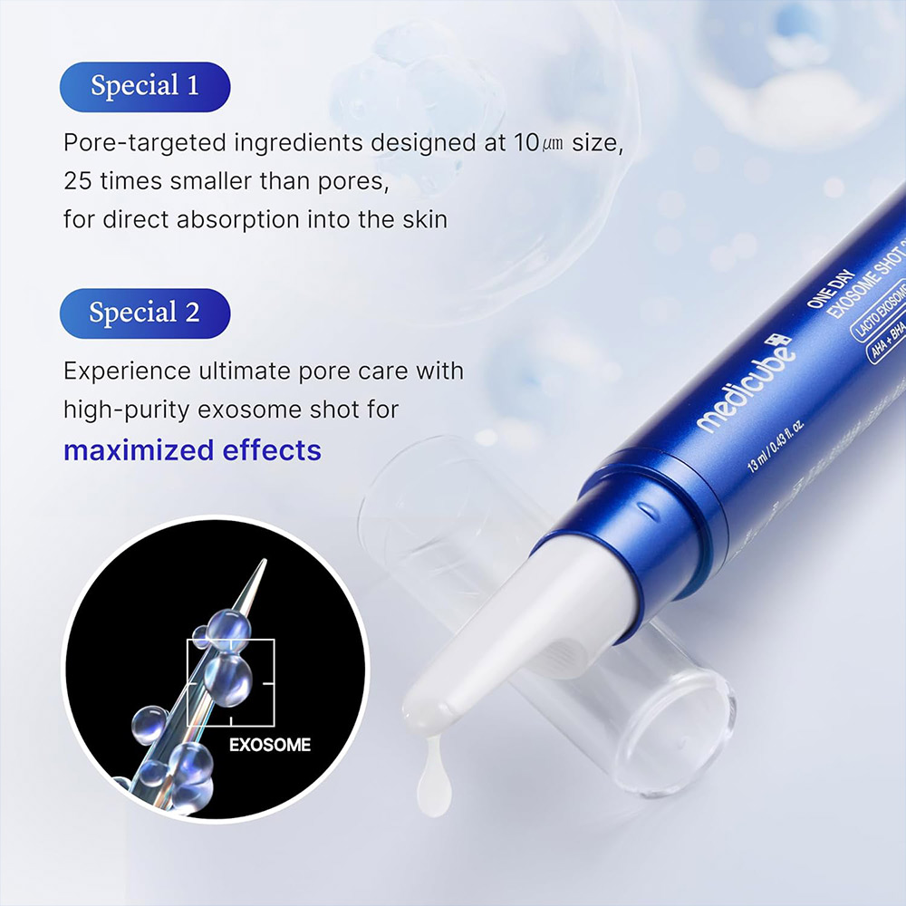آمپول کنترل منافذ اگزوزوم شات 25000 مدی کیوب لایه بردار، ضد جوش و روشن کننده Medicube One Day Exosome Shot Pore Ampoule 25000 — تصویر ۴