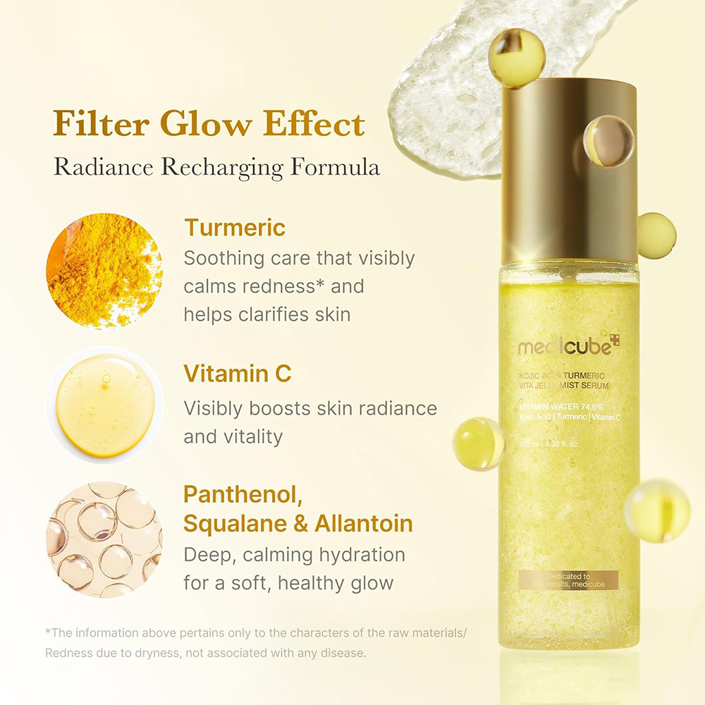میست سرم ژلی کوجیک اسید و زردچوبه مدی کیوب روشن کننده و تسکین دهنده پوست Medicube Kojic Acid Turmeric Vita Jelly Mist Serum — تصویر ۵