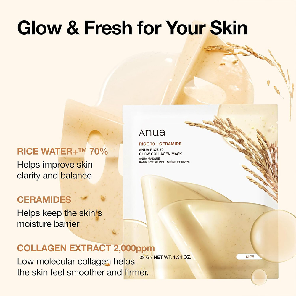 ماسک ورقه ای برنج و کلاژن آنوا مرطوب و درخشان کننده پوست Anua Rice 70 Glow Collagen Mask — تصویر ۴
