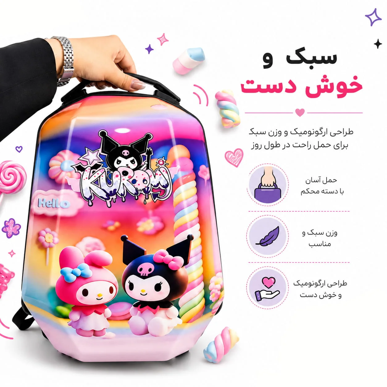 کوله پشتی مدرسه مارینوکس مارول طرح کرومی (KUROMI PINK) — تصویر ۷