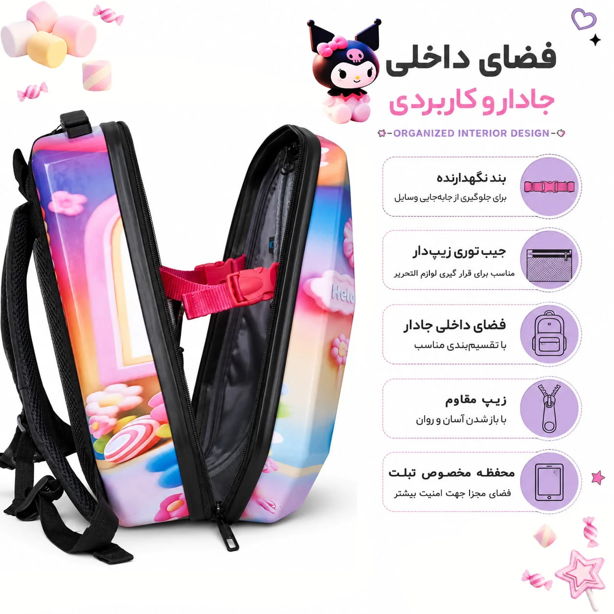 کوله پشتی مدرسه مارینوکس مارول طرح کرومی (KUROMI PINK) — تصویر ۸