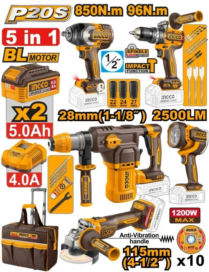 ست ابزار شارژی ۵ عددی اینکو مدل COSLI251193