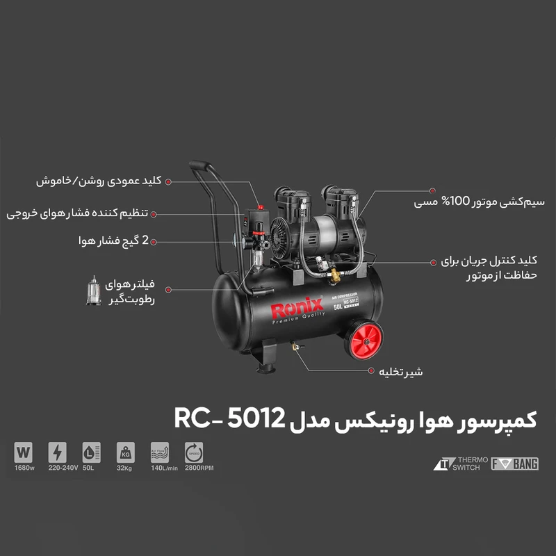 کمپرسور باد رونیکس RC-5012 ظرفیت ۵۰ لیتر بدون روغن — تصویر ۸