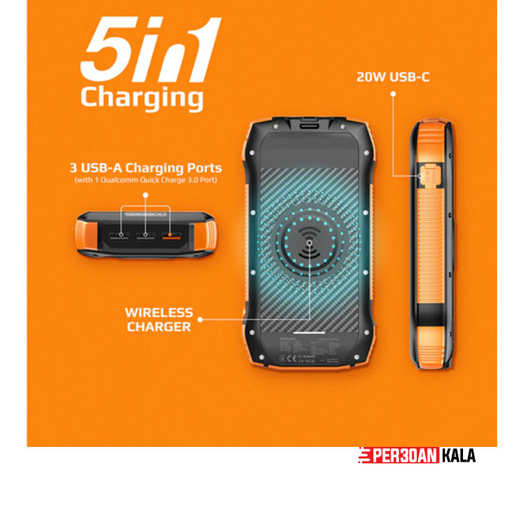پاور بانک خورشیدی 20000mAh Wireless Rugged EcoLight™ Solar برند promate — تصویر ۶