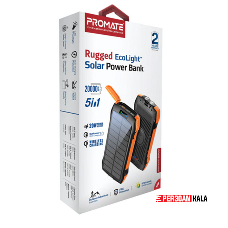 پاور بانک خورشیدی 20000mAh Wireless Rugged EcoLight™ Solar برند promate