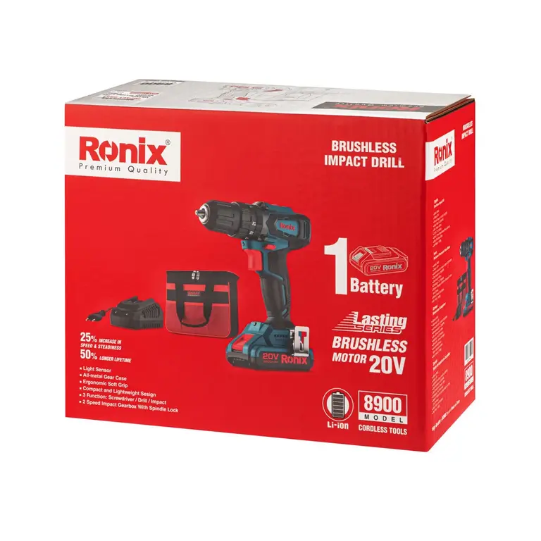 دریل پیچ گوشتی چکشی شارژی براشلس 20 ولت رونیکس Ronix مدل 8900 — تصویر ۳
