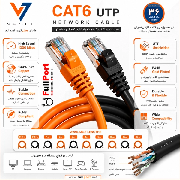 کابل شبکه پچ کورد VSL-2000 واصل CAT6 UTP طول 20 متری — تصویر ۶