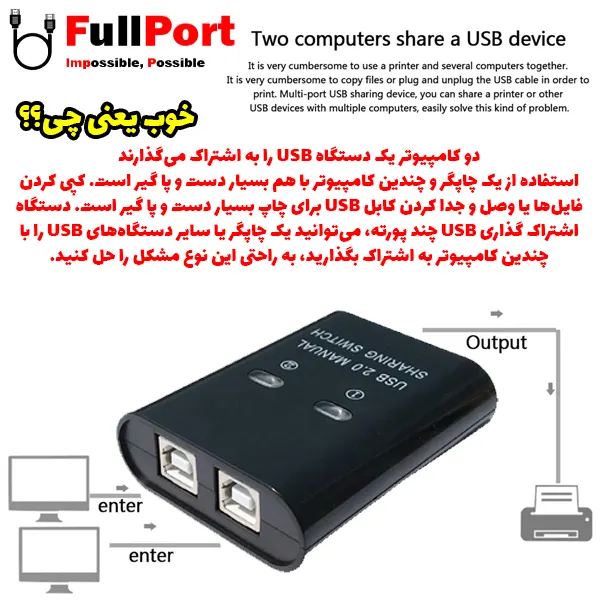 سوئیچ پرینتر 2 خروجی دستی USB2.0 فرانت مدل FN-U2PSW21 — تصویر ۶