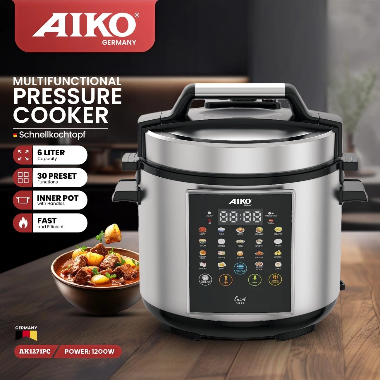 پلوپز چند کاره آیکو مدل AK1271PC ظرفیت ۶ لیتر با بدنه استیل — تصویر ۲