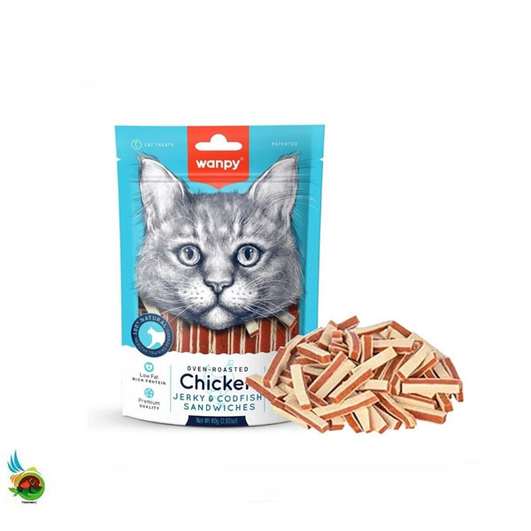 تشویقی گربه ونپی مدل ساندویچی طعم مرغ و ماهی کاد Wanpy chicken jerky &amp; codfish sandwiches وزن ۸۰ گرم