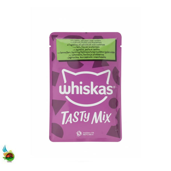 پوچ گربه بالغ ویسکاس تیستی میکس طعم بره، مرغ و هویج در سس Whiskas tasty mix with lamb and chicken &amp; carrot وزن ۸۵ گرم